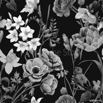 Picture of Beautiful vector floral summer seamless pattern with watercolor flowers Black and white monochrome stock illustration